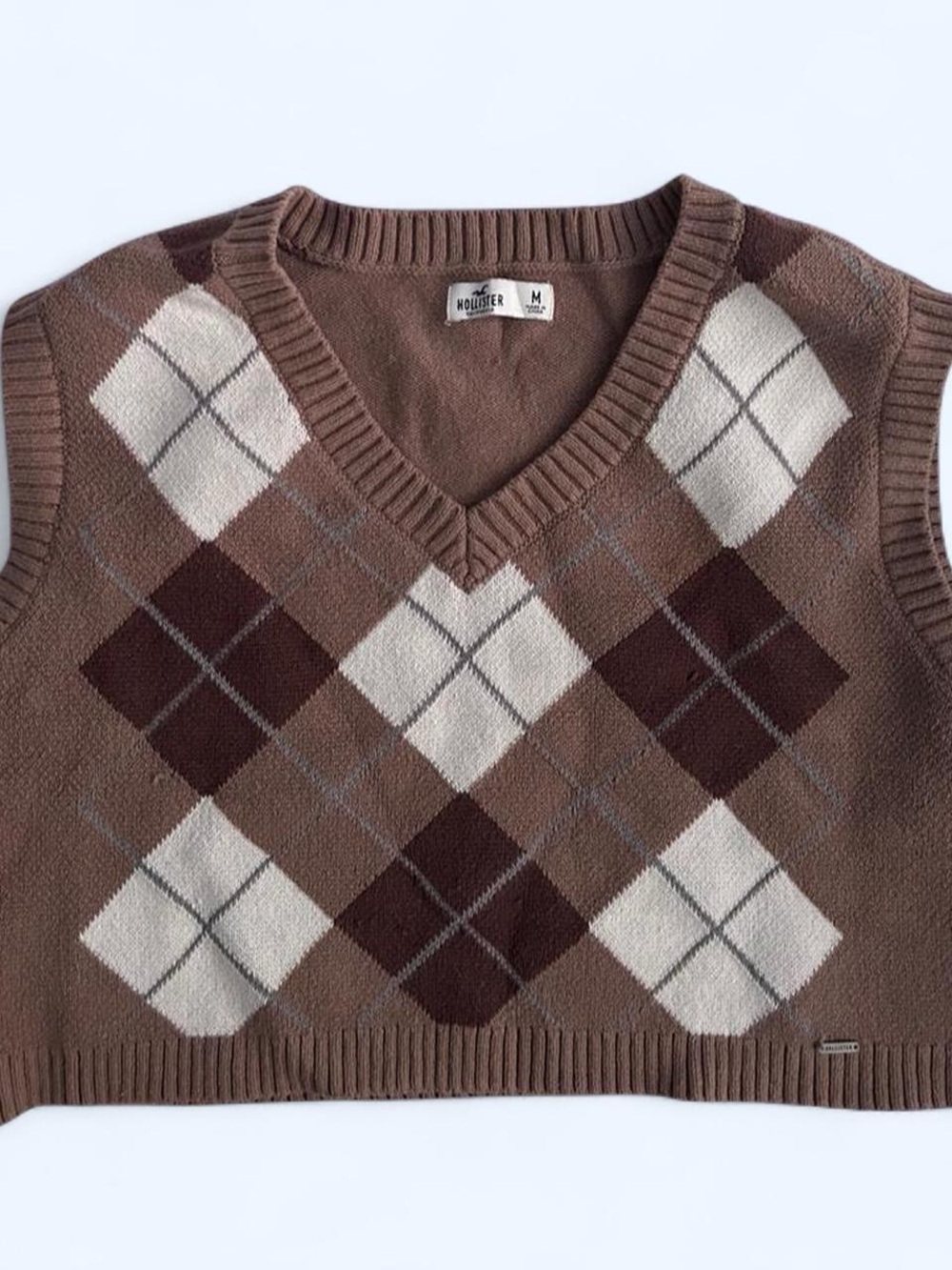 Hollister Brown and Cream Argyle V‑Neck Sweater Vest